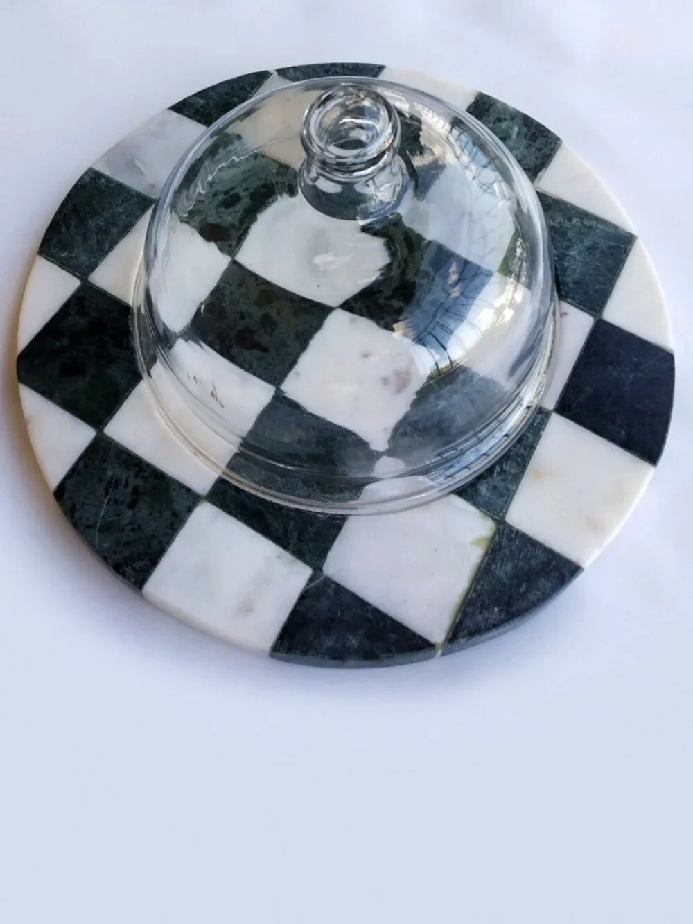 Glass Cloche with Marble Checkerboard Base